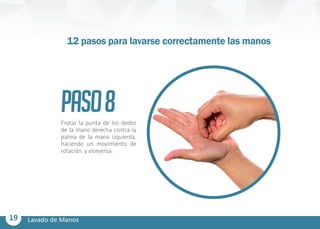19 Lavado de Manos
PASO8Frotar la punta de los dedos
de la mano derecha contra la
palma de la mano izquierda,
haciendo un movimiento de
rotación, y viceversa.
12 pasos para lavarse correctamente las manos
 
