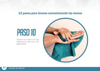 23 Lavado de Manos
PASO10Secarse las manos con una
toalla de un solo uso o con
papel toalla.
12 pasos para lavarse correctamente las manos
 