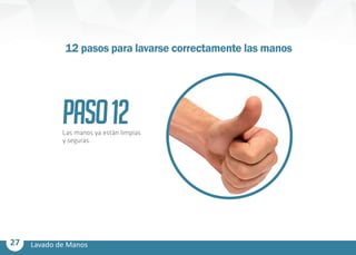 27 Lavado de Manos
PASO12Las manos ya están limpias
y seguras.
12 pasos para lavarse correctamente las manos
 