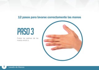 9 Lavado de Manos
PASO3Frotar las palmas de las
manos entre sí.
12 pasos para lavarse correctamente las manos
 