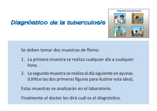 Diagnóstico de la tuberculosis
Se deben tomar dos muestras de flema:
1. La primera muestra se realiza cualquier día a cualquier
hora.
2. Lasegunda muestra se realiza al día siguienteen ayunas.
(Utilice las dos primeras figuras para ilustrar esta idea).
Estas muestras se analizarán en el laboratorio.
Finalmente el doctor les dirá cuál es el diagnóstico.
 