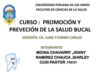 UNIVERSIDAD PERUANA DE LOS ANDES FACULTAD DE CIENCIAS DE LA SALUD CURSO :  PROMOCIÓN Y PREVECIÓN DE LA SALUD BUCAL DOCENTE: CD. JUAN T.TORRES CARLOS INTEGRANTES:                    MOINA CHAVARRY ,JENNY                       RAMIREZ CHAUCA ,SHIRLEY               CUSI PASTOR ,FREDY 