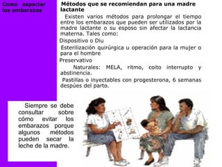 Métodos que se recomiendan para una madre
lactante
Existen varios métodos para prolongar el tiempo
entre los embarazos que pueden ser utilizados por la
madre lactante o su esposo sin afectar la lactancia
materna. Tales como:
Dispositivo o Diu
Esterilización quirúrgica u operación para la mujer o
para el hombre
Preservativo
Naturales: MELA, ritmo, coito interrupto y
abstinencia.
Pastillas o inyectables con progesterona, 6 semanas
despúes del parto.
Como espaciar
los embarazos
Siempre se debe
consultar sobre
cómo evitar los
embarazos porque
algunos métodos
pueden secar la
leche de la madre.
 