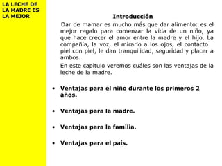LA LECHE DELA LECHE DE
LA MADRE ESLA MADRE ES
LA MEJORLA MEJOR IntroducciónIntroducción
Dar de mamar es mucho más que dar alimento: es el
mejor regalo para comenzar la vida de un niño, ya
que hace crecer el amor entre la madre y el hijo. La
compañía, la voz, el mirarlo a los ojos, el contacto
piel con piel, le dan tranquilidad, seguridad y placer a
ambos.
En este capítulo veremos cuáles son las ventajas de la
leche de la madre.
• Ventajas para el niño durante los primeros 2
años.
• Ventajas para la madre.
• Ventajas para la familia.
• Ventajas para el país.
 
