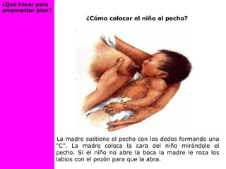 La madre sostiene el pecho con los dedos formando una
“C”. La madre coloca la cara del niño mirándole el
pecho. Si el niño no abre la boca la madre le roza los
labios con el pezón para que la abra.
¿Cómo colocar el niño al pecho?
¿Que hacer para
amamantar bien?
 