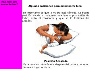 Algunas posiciones para amamantar bien
Lo importante es que la madre esté cómoda. La buena
posición ayuda a mantener una buena producción de
leche, evita el cansancio y que se le lastimen los
pezones.
Posición Acostada
Es la posición más cómoda después del parto y durante
la siesta o por la noche.
¿Que hacer para
amamantar bien?
 