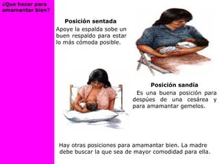 Posición sentada
Apoye la espalda sobe un
buen respaldo para estar
lo más cómoda posible.
Posición sandía
Es una buena posición para
despúes de una cesárea y
para amamantar gemelos.
Hay otras posiciones para amamantar bien. La madre
debe buscar la que sea de mayor comodidad para ella.
¿Que hacer para
amamantar bien?
 