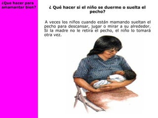 ¿ Qué hacer si el niño se duerme o suelta el
pecho?
A veces los niños cuando están mamando sueltan el
pecho para descansar, jugar o mirar a su alrededor.
Si la madre no le retira el pecho, el niño lo tomará
otra vez.
¿Que hacer para
amamantar bien?
 