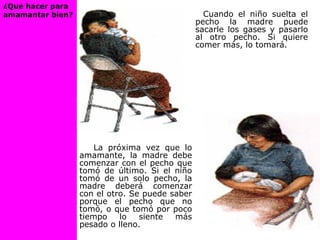 Cuando el niño suelta el
pecho la madre puede
sacarle los gases y pasarlo
al otro pecho. Si quiere
comer más, lo tomará.
La próxima vez que lo
amamante, la madre debe
comenzar con el pecho que
tomó de último. Si el niño
tomó de un solo pecho, la
madre deberá comenzar
con el otro. Se puede saber
porque el pecho que no
tomó, o que tomó por poco
tiempo lo siente más
pesado o lleno.
¿Que hacer para
amamantar bien?
 