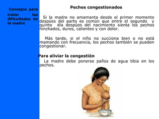 Consejos para
tratar las
dificultades de
la madre
Pechos congestionados
Si la madre no amamanta desde el primer momento
despúes del parto es común que entre el segundo y
quinto día despúes del nacimiento sienta los pechos
hinchados, duros, calientes y con dolor.
Más tarde, si el niño no succiona bien o no está
mamando con frecuencia, los pechos también se pueden
congestionar.
Para aliviar la congestión
La madre debe ponerse paños de agua tibia en los
pechos.
 