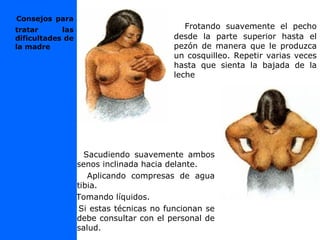 Frotando suavemente el pecho
desde la parte superior hasta el
pezón de manera que le produzca
un cosquilleo. Repetir varias veces
hasta que sienta la bajada de la
leche
Sacudiendo suavemente ambos
senos inclinada hacia delante.
Aplicando compresas de agua
tibia.
Tomando líquidos.
Si estas técnicas no funcionan se
debe consultar con el personal de
salud.
Consejos para
tratar las
dificultades de
la madre
 