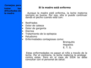 Si la madre está enferma
Aunque la madre esté enferma, la leche materna
siempre es buena. Por eso, ella si puede continuar
dando el pecho cuando está con:
• Resfriados
• Dolor de cabeza
• Dolor de garganta
• Diarrea
• Tratamiento de la epilepsia
• Paludismo
• Enfermedades contagiosas como:
Bronquitis
Hepatitis
E. T. S.
Estas enfermedades no pasan al niño a través de la
leche. Por el contrario, la leche materna lo protege
contra estas. Pero en el caso de SIDA se debe
consultar con el personal de salud.
Consejos para
tratar las
dificultades de
la madre
 