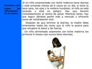 Si un niño amamantado con leche materna tiene diarrea
y está orinando menos de 6 veces en un día, si tiene la
boca seca, los ojos y la mollera hundidos; el niño se está
secando y está en peligro. Hay que llevarlo
inmediatamente al centro de salud. Mientras tanto, hay
que seguir dándole pecho más a menudo y ofrecerle
suero de rehidratación oral.
Despúes de que termine la diarrea, la madre debe
amamantar todas las veces que el niño lo quiera para
que recupere la salud y las fuerza,
Un niño alimentado solamente con leche materna los
primeros 6 meses casi nunca tiene diarreas.
Consejos para
tratar las
dificultades
de la madre
 