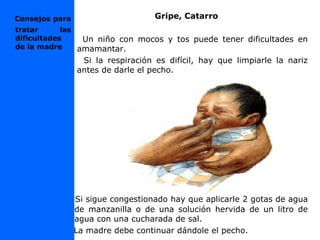 Gripe, Catarro
Un niño con mocos y tos puede tener dificultades en
amamantar.
Si la respiración es difícil, hay que limpiarle la nariz
antes de darle el pecho.
Si sigue congestionado hay que aplicarle 2 gotas de agua
de manzanilla o de una solución hervida de un litro de
agua con una cucharada de sal.
La madre debe continuar dándole el pecho.
Consejos para
tratar las
dificultades
de la madre
 
