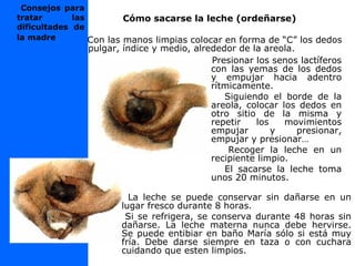 Cómo sacarse la leche (ordeñarse)
Con las manos limpias colocar en forma de “C” los dedos
pulgar, índice y medio, alrededor de la areola.
Presionar los senos lactíferos
con las yemas de los dedos
y empujar hacia adentro
rítmicamente.
Siguiendo el borde de la
areola, colocar los dedos en
otro sitio de la misma y
repetir los movimientos
empujar y presionar,
empujar y presionar…
Recoger la leche en un
recipiente limpio.
El sacarse la leche toma
unos 20 minutos.
Consejos para
tratar las
dificultades de
la madre
La leche se puede conservar sin dañarse en un
lugar fresco durante 8 horas.
Si se refrigera, se conserva durante 48 horas sin
dañarse. La leche materna nunca debe hervirse.
Se puede entibiar en baño María sólo si está muy
fría. Debe darse siempre en taza o con cuchara
cuidando que esten limpios.
 