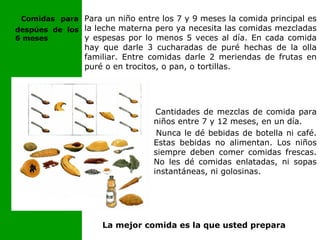 Para un niño entre los 7 y 9 meses la comida principal es
la leche materna pero ya necesita las comidas mezcladas
y espesas por lo menos 5 veces al día. En cada comida
hay que darle 3 cucharadas de puré hechas de la olla
familiar. Entre comidas darle 2 meriendas de frutas en
puré o en trocitos, o pan, o tortillas.
La mejor comida es la que usted prepara
Comidas para
despúes de los
6 meses
Cantidades de mezclas de comida para
niños entre 7 y 12 meses, en un día.
Nunca le dé bebidas de botella ni café.
Estas bebidas no alimentan. Los niños
siempre deben comer comidas frescas.
No les dé comidas enlatadas, ni sopas
instantáneas, ni golosinas.
 