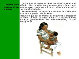 Durante estos meses se debe dar el pecho cuando el
niño lo pida. La leche materna sigue siendo importante
aunque pasa poco a poco de ser el alimento principal a
ser complementario.
Se recomienda dar de mamar durante la noche para
ayudar a la producción de leche.
Recuerde que dar de mamar da seguridad y protección
al niño. Cuando se vaya a dejar la lactancia debe
hacerse gradualmente, no repentinamente, ni con
brusquedad.
Comidas para
despúes de los
6 meses
 