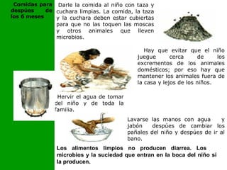 Lavarse las manos con agua y
jabón despúes de cambiar los
pañales del niño y despúes de ir al
bano.
Darle la comida al niño con taza y
cuchara limpias. La comida, la taza
y la cuchara deben estar cubiertas
para que no las toquen las moscas
y otros animales que lleven
microbios.
Hervir el agua de tomar
del niño y de toda la
familia.
Hay que evitar que el niño
juegue cerca de los
excrementos de los animales
domésticos; por eso hay que
mantener los animales fuera de
la casa y lejos de los niños.
Los alimentos limpios no producen diarrea. Los
microbios y la suciedad que entran en la boca del niño si
la producen.
Comidas para
despúes de
los 6 meses
 