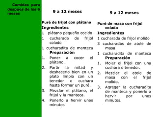 9 a 12 meses
Puré de frijol con plátano
Ingredientes
1 plátano pequeño cocido
1 cucharada de frijol
colado
1 cucharadita de manteca
Preparación
1. Poner a cocer el
plátano.
2. Partir la mitad y
deshacerlo bien en un
plato limpio con un
tenedor o cuchara
hasta formar un puré.
3. Mezclar el plátano, el
frijol y la manteca.
4. Ponerlo a hervir unos
minutos
Comidas para
despúes de los 6
meses 9 a 12 meses
Puré de masa con frijol
colado
Ingredientes
1 cucharada de frijol molido
3 cucharadas de atole de
masa
1 cucharadita de manteca
Preparación
1. Moler el frijol con una
cuchara o tenedor.
2. Mezclar el atole de
masa con el frijol
molido.
3. Agregar la cucharadita
de manteca y ponerlo a
hervir por unos
minutos.
 