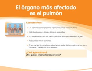 El órgano más afectado
es el pulmón
Conversemos:
Los pulmones son órganos muy importantes para el cuerpo humano.
Están localizados en el tórax, detrás de las costillas.
Son responsables de la respiración, revitalizan la sangre mediante el oxígeno.
Nadie puede vivir sin pulmones.
¿Qué aprendimos?
¿Por qué son importantes los pulmones?
Al avanzar la enfermedad se produce la destrucción del tejido pulmonar con riesgo
de muerte y contagio de otras personas.
 