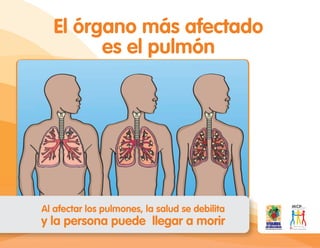 El órgano más afectado
es el pulmón
Al afectar los pulmones, la salud se debilita
y la persona puede llegar a morir
 