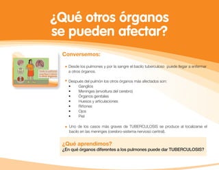 ¿Qué otros órganos
se pueden afectar?
Conversemos:
Desde los pulmones y por la sangre el bacilo tuberculoso puede llegar a enfermar
a otros órganos.
Después del pulmón los otros órganos más afectados son:
• Ganglios
• Meninges (envoltura del cerebro)
• Órganos genitales
• Huesos y articulaciones
• Riñones
• Ojos
• Piel
Uno de los casos más graves de TUBERCULOSIS se produce al localizarse el
bacilo en las meninges (cerebro-sistema nervioso central).
¿Qué aprendimos?
¿En qué órganos diferentes a los pulmones puede dar TUBERCULOSIS?
 