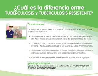 Conversemos:
El tratamiento de la TUBERCULOSIS RESISTENTE dura más tiempo (generalmente
entre 18-24 meses, o más), no es una sola vez al día, generalmente es dos veces.
La bacteria es la misma, pero la TUBERCULOSIS RESISTENTE es más difícil de
combatir; eso implica que…
La TUBERCULOSIS RESISTENTE no se cura con los medicamentos que usamos para
combatir la TUBERCULOSIS sensible, por lo que tenemos que utilizar otros medicamentos.
Los diferentes tipos de medicamentos le pueden causar más molestias: ardor en el
estómago, náuseas, diarrea y dolor en el sitio de la inyección, entre otras.
¿Qué aprendimos?
¿Cuál es la diferencia entre en tratamiento de TUBERCULOSIS y
TUBERCULOSIS RESISTENTE?
El paciente recibirá por lo menos 5 medicamentos y uno de ellos es inyectable.
¿Cuál es la diferencia entre
TUBERCULOSIS y TUBERCULOSIS RESISTENTE?
 