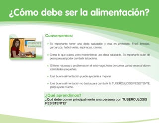 Conversemos:
Es importante tener una dieta saludable y rica en proteínas: Frijol, lentejas,
garbanzos, habichuelas, espinacas, carnes.
Coma lo que quiera, pero manteniendo una dieta saludable. Es importante subir de
peso para así poder combatir la bacteria.
Si tiene náuseas o problemas en el estómago, trate de comer varias veces al día en
cantidades pequeñas.
¿Qué aprendimos?
¿Qué debe comer principalmente una persona con TUBERCULOSIS
RESISTENTE?
Una buena alimentación puede ayudarle a mejorar.
Una buena alimentación no basta para combatir la TUBERCULOSIS RESISTENTE,
pero ayuda mucho.
¿Cómo debe ser la alimentación?
 