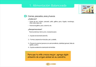 1. Alimentación Balanceada


5. Carnes, pescados, aves y huevos
  ¿Cuáles son?
  - Carne de res, cordero, pescado, pollo, gallina, pavo, hígado, mondongo,
    riñón, bofe, bazo, etc.
  - Huevos de gallina, pavo, codorniz, etc.

  ¿Para qué nos sirven?
    Tienen proteínas, hierro y zinc, necesarios para:

  1.- Ayudar al crecimiento del niño.

  2.- Formar y reparar los músculos, piel y cabello.

  3.- Prevenir la anemia (persona con piel amarillenta, debilidad general, falta de
     apetito, sueño)
  4.- Ayuda a acelerar la cicatrización de heridas




  Para que tu niño crezca mejor, agrega algún
  alimento de origen animal en su comidita.


                                   21
 