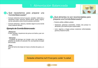 1. Alimentación Balanceada

D. ¿ Qué necesitamos para preparar una
     Comida Balanceada?
  - Comprar alimentos de los 6 grupos: cereales, tubérculos y
                                                                        E. ¿Qué alimentos no son recomendables para
    menestras, frutas, verduras, lacteos (leche, queso, yogurt),           preparar una Comida Balanceada?
    carnes, pescados, aves y huevos; grasas y azúcares.
                                                                          - Huesos, patitas, pellejos, grasas.
  - Comprar alimentos frescos y baratos según la zona donde
    vives y estación del año.                                             - Gaseosas, golosinas (caramelos, chicles, etc) porque no
                                                                            alimentan y son dañinos para nuestra salud.
  Ejemplo de Comida Balanceada:                                           - Licor, cigarros y drogas porque ocasionan enfermedades
                                                                            graves y hasta la muerte.
    - Desayuno:
    Frutas variadas, mazamorra de quinua con leche y pan con
          aceitunas.

    - Almuerzo:
      Ensalada de lechuga con tomate, arroz con lentejas y
    saltadito de cebolla con pescado frito, acompañado de papa
    sancochada.

    - Cena:
    Sopa de harina de arveja con huevo y trocitos de queso y un
    pan.




                                   Consume alimentos nutritivos para cuidar tu salud.


                                                                   25
 