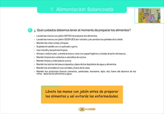 1. Alimentación Balanceada


F. ¿ Qué cuidados debemos tener al momento de preparar los alimentos?
   - Lavate las manos con jabón ANTES de preparar los alimentos.
   - Lavate las manos con jabón DESPUÉS de ir al baño y de cambiar los pañales de tu bebé.
   - Mantén las uñas cortas y limpias.
   - Sujetate el cabello con un pañuelo o gorro.
   - Usa mandil y secadores limpios.
   - Al toser o estornudar, cubrete la boca y nariz con papel higiénico y botalo al tacho de basura.
   - Mantén limpios los cubiertos e utensilios de cocina.
   - Mantén limpia y ordenada la cocina.
   - Mantén los tachos de basura tapados y lejos de los depósitos de agua y alimentos.
   - Mantén los animales en sus corrales y fuera de la casa.
   - Mantén los productos tóxicos (venenos, pesticidas, kerosene, lejía, etc) fuera del alcance de los
     niños, lejos de los alimentos y agua.




               Lávate las manos con jabón antes de preparar
               los alimentos y así evitarás las enfermedades.


                                                   29
 