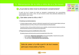 5. Alimentación de la niña o niño de 6 a 36 meses                                                5. Alimentación de la niña o niño de 6 a 36 meses




 B. ¿A qué edad se debe iniciar la alimentación complementaria?

   A partir de los 6 meses de edad es necesario complementar las necesidades
   nutricionales de la niña o niño, el cual necesita comer otros alimentos diferentes a la
   leche materna para crecer.

 C. ¿ Qué debe comer la niña o niño ?

   1. Continuar con leche materna:

   - La leche materna sigue siendo un alimento necesario por lo que la madre debe continuar
     dandole de lactar a su niña o niño por lo menos hasta los 2 años de edad.

     Cuando el niña o niño se enferma disminuye su apetito, en tanto la leche materna continua
     alimentandolo durante su proceso de recuperación.

   2. Preparaciones para la comidita de tu niña o niño:

     Se debe preparar alimentos de acuerdo a la edad de la niña o niño:

           - 6 y 8 meses: Alimentos aplastados en forma de papillas, mazamorras o purés
           - 9 y 11 meses: Alimentos picados o en trozitos.
           - 12 a 36 meses: Alimentación de la olla familiar.




       Dale de comer a tu niño a partir de los 6 meses
       para que crezca sano y fuerte.


                                          63
 