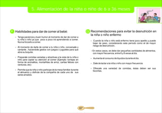 5. Alimentación de la niña o niño de 6 a 36 meses



F. Habilidades para dar de comer al bebé:                                   G. Recomendaciones para evitar la desnutrición en
                                                                               la niña o niño enfermo
  - Tenga paciencia y buen humor al momento de dar de comer a
    tu niña o niño ya que poco a poco irá aprendiendo a comer.                 - Cuando la niña o niño está enfermo tiene poco apetito y puede
    Nunca forzarlo a comer.                                                      bajar de peso, considerando este período como el de mayor
                                                                                 riesgo de desnutrición.
  - Al momento de darle de comer a tu niña o niño, conversale y
    cantanle , haciendole gestos con juegos o juguetes para que                - En estos casos, se debe dar pequeñas cantidades de alimentos,
    abra su boquita.                                                             con mayor frecuencia, entre 6 y 8 veces al día.
  - Preparale comidas variadas y atractivas a la vista de tu niña o            - Aumenta el consumo de líquidos durante el día.
    niño para captar su atención al comer (Ejemplo: torrejas en
    forma de animalitos, montañitas de arroz, caritas felices con              - Dale de lactar a la niña o niño con mayor frecuencia.
    verduras, etc)
                                                                               - Ofrecele una variedad de comidas, éstas deben ser sus
  - Permita que la niña o niño participe de la mesa familiar durante             favoritas.
    el almuerzo y disfrute de la compañía de cada uno de sus
    seres amados.




                                                                       67
 
