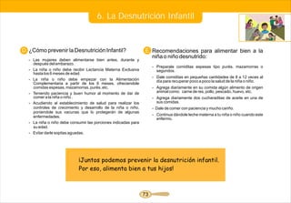 6. La Desnutrición Infantil


D. ¿Cómo prevenir la Desnutrición Infantil?                     E. Recomendaciones para alimentar bien a la
                                                                   niña o niño desnutrido:
  - Las mujeres deben alimentarse bien antes, durante y
    después del embarazo.
                                                                     - Preparale comiditas espesas tipo purés, mazamorras o
  - La niña o niño debe recibir Lactancia Materna Exclusiva            segundos.
    hasta los 6 meses de edad.
                                                                     - Dale comiditas en pequeñas cantidades de 8 a 12 veces al
  - La niña o niño debe empezar con la Alimentación                    día para recuperar poco a poco la salud de la niña o niño.
    Complementaria a partir de los 6 meses, ofreciendole
    comidas espesas, mazamorras, purés, etc.                         - Agrega diariamente en su comida algún alimento de origen
  - Teniendo paciencia y buen humor al momento de dar de               animal como: carne de res, pollo, pescado, huevo, etc.
    comer a la niña o niño .                                         - Agrega diariamente dos cucharaditas de aceite en una de
  - Acudiendo al establecimiento de salud para realizar los            sus comidas.
    controles de crecimiento y desarrollo de la niña o niño,         - Dale de comer con paciencia y mucho cariño.
    poniendole sus vacunas que lo protegerán de algunas
    enfermedades.                                                    - Continua dándole leche materna a tu niña o niño cuando este
                                                                       enfermo.
  - La niña o niño debe consumir las porciones indicadas para
    su edad.
  - Evitar darle sopitas aguadas.




                            ¡Juntos podemos prevenir la desnutrición infantil.
                            Por eso, alimenta bien a tus hijos!



                                                                73
 