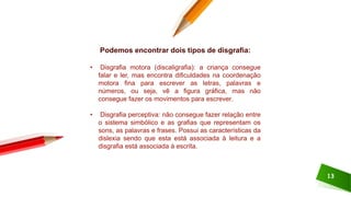 13
Podemos encontrar dois tipos de disgrafia:
• Disgrafia motora (discaligrafia): a criança consegue
falar e ler, mas encontra dificuldades na coordenação
motora fina para escrever as letras, palavras e
números, ou seja, vê a figura gráfica, mas não
consegue fazer os movimentos para escrever.
• Disgrafia perceptiva: não consegue fazer relação entre
o sistema simbólico e as grafias que representam os
sons, as palavras e frases. Possui as características da
dislexia sendo que esta está associada à leitura e a
disgrafia está associada à escrita.
 