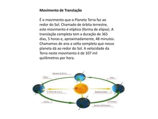 Movimento de Translação
É o movimento que o Planeta Terra faz ao
redor do Sol. Chamado de órbita terrestre,
este movimento é elíptico (forma de elipse). A
translação completa tem a duração de 365
dias, 5 horas e, aproximadamente, 48 minutos.
Chamamos de ano a volta completa que nosso
planeta dá ao redor do Sol. A velocidade da
Terra neste movimento é de 107 mil
quilômetros por hora.
 