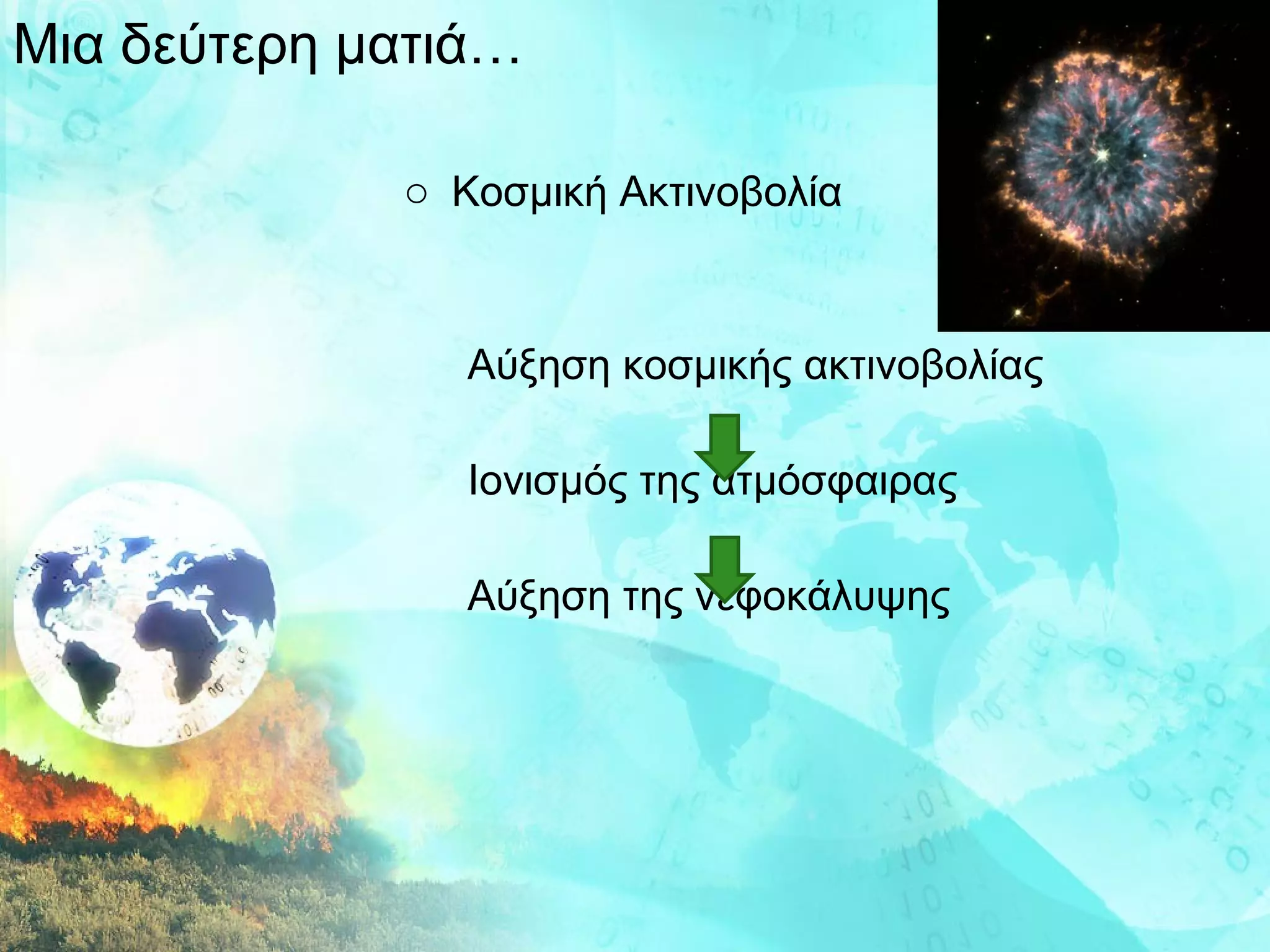 Μια δεύτερη ματιά… Κοσμική Ακτινοβολία Αύξηση κοσμικής ακτινοβολίας Ιονισμός της ατμόσφαιρας Αύξηση της νεφοκάλυψης 