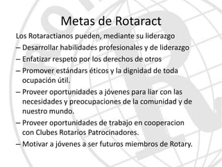 Metas de Rotaract
Los Rotaractianos pueden, mediante su liderazgo
– Desarrollar habilidades profesionales y de liderazgo
– Enfatizar respeto por los derechos de otros
– Promover estándars éticos y la dignidad de toda
  ocupación útil.
– Proveer oportunidades a jóvenes para liar con las
  necesidades y preocupaciones de la comunidad y de
  nuestro mundo.
– Proveer oportunidades de trabajo en cooperacion
  con Clubes Rotarios Patrocinadores.
– Motivar a jóvenes a ser futuros miembros de Rotary.
 
