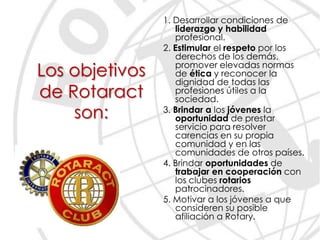 1. Desarrollar condiciones de
                   liderazgo y habilidad
                   profesional.
                2. Estimular el respeto por los
                   derechos de los demás,
Los objetivos      promover elevadas normas
                   de ética y reconocer la
                   dignidad de todas las
de Rotaract        profesiones útiles a la
                   sociedad.
    son:        3. Brindar a los jóvenes la
                   oportunidad de prestar
                   servicio para resolver
                   carencias en su propia
                   comunidad y en las
                   comunidades de otros países.
                4. Brindar oportunidades de
                   trabajar en cooperación con
                   los clubes rotarios
                   patrocinadores.
                5. Motivar a los jóvenes a que
                   consideren su posible
                   afiliación a Rotary.
 