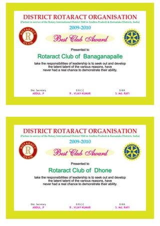 DISTRICT ROTARACT ORGANISATION
(Partner in service of the Rotary International District 3160 in Andhra Pradesh & Karnataka Districts, India)
2009-2010
Best Club Award
Presented to
take the responsibilities of leadership is to seek out and develop
the latent talent of the various reasons, have
never had a real chance to demonstrate their ability.
Rotaract Club of Banaganapalle
D.R.C.C
R . VIJAY KUMAR
Dist. Secretary
ABDUL .P
D.R.R.
S. Md. RAFI
DISTRICT ROTARACT ORGANISATION
(Partner in service of the Rotary International District 3160 in Andhra Pradesh & Karnataka Districts, India)
2009-2010
Best Club Award
Presented to
take the responsibilities of leadership is to seek out and develop
the latent talent of the various reasons, have
never had a real chance to demonstrate their ability.
Rotaract Club of Dhone
D.R.C.C
R . VIJAY KUMAR
Dist. Secretary
ABDUL .P
D.R.R.
S. Md. RAFI
 