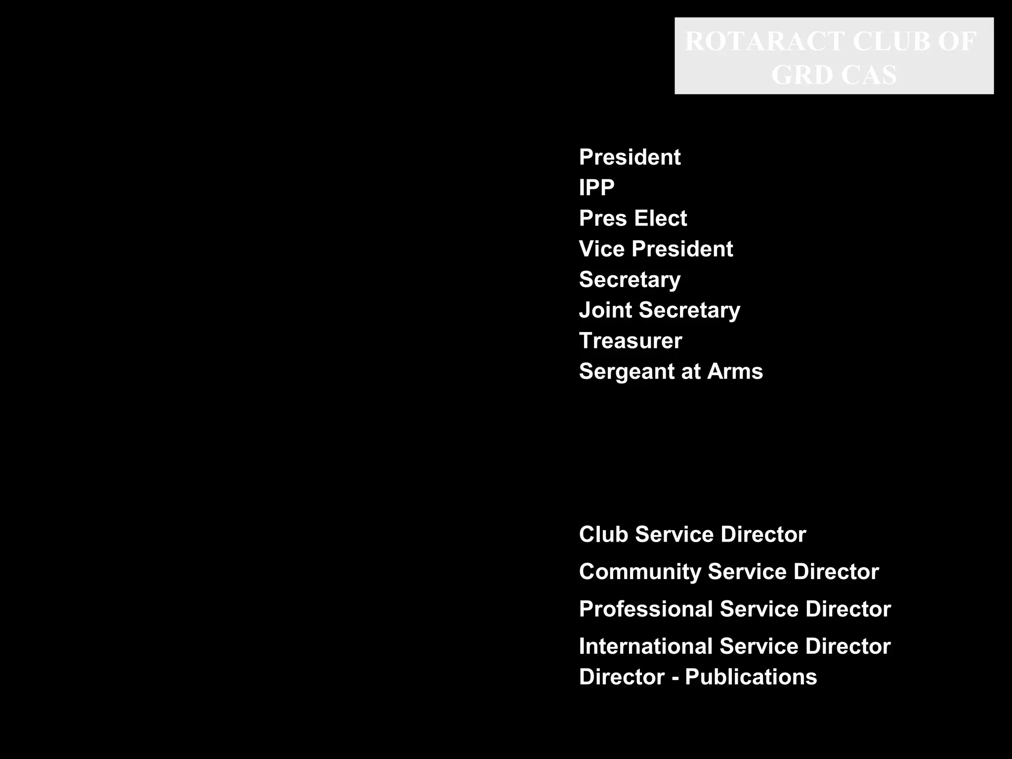 ROTARACT CLUB OF
GRD CAS
President
IPP
Pres Elect
Vice President
Secretary
Joint Secretary
Treasurer
Sergeant at Arms
Club Service Director
Community Service Director
Professional Service Director
International Service Director
Director - Publications
 