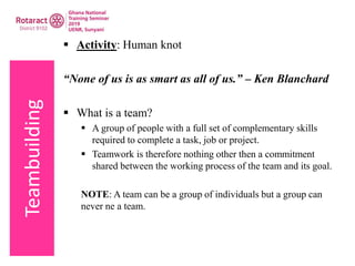 Teambuilding  Activity: Human knot
“None of us is as smart as all of us.” – Ken Blanchard
 What is a team?
 A group of people with a full set of complementary skills
required to complete a task, job or project.
 Teamwork is therefore nothing other then a commitment
shared between the working process of the team and its goal.
NOTE: A team can be a group of individuals but a group can
never ne a team.
 