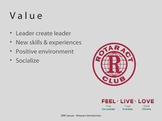 Value
•
•
•
•

Leader create leader
New skills & experiences
Positive environment
Socialize

DRR Januar - Rotaract Introduction

 
