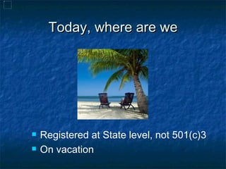 Today, where are we Registered at State level, not 501(c)3 On vacation 