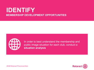 2018 Rotaract Preconvention
IDENTIFY
MEMBERSHIP DEVELOPMENT OPPORTUNITIES
In order to best understand the membership and
public image situation for each club, conduct a
situation analysis
 
