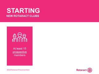 2018 Rotaract Preconvention
STARTING
NEW ROTARACT CLUBS
At least 15
prospective
members
 