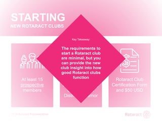 2018 Rotaract Preconvention
STARTING
NEW ROTARACT CLUBS
At least 15
prospective
members
Support of a
sponsoring Rotary
club and your
District Governor
Rotaract Club
Certification Form
and $50 USD
Key Takeaway:
The requirements to
start a Rotaract club
are minimal, but you
can provide the new
club insight into how
good Rotaract clubs
function
 