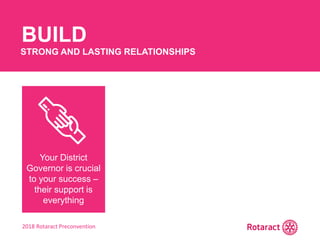 2018 Rotaract Preconvention
BUILD
STRONG AND LASTING RELATIONSHIPS
Your District
Governor is crucial
to your success –
their support is
everything
 