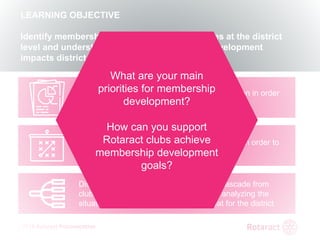 2018 Rotaract Preconvention
REVIEW
KEY TAKEAWAYS FROM TODAY
Work with clubs to analyze their current situation in order
to develop and focus on goals
Use situation analysis tools to find information in order to
create a membership development plan
District membership development plans cascade from
clubs – identify opportunities in clubs by analyzing the
situation and creating a plan, then repeat for the district
LEARNING OBJECTIVE
Identify membership development opportunities at the district
level and understand how club membership development
impacts district activities
What are your main
priorities for membership
development?
How can you support
Rotaract clubs achieve
membership development
goals?
 