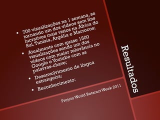 se
                                      ana, ns
                                1 sem m fi o
                      çõ es na eos se rica d
              u aliza dos víds na Áf cos;
         0 vis do um s visto Marro
     70 an
•     t
                       i
       orn tivos ma rgélia e
           ra ísia, A
       luc Tun                     e 1500
                              quas m dos no
        Sul,       n
                           m
                     te cosendo u vância
             almeações ior rele as




                                                          Resu
        Atiuualiz om ma e com
     • vs
              eos c e Youtub
          víd gle             ;
                         have               a
               o
             o ras-c
           G v                        língu
            pal a            en to de




                                                               ltado
                      o lvim
                 senv eira;
         •  Detrang
             es               ento
                                   :
                           m
                  con heci                            k 201
                                                           1
           •  Re                              act W
                                                   ee




                                                                s
                                            o   tar
                                    o rld R
                          Pro jeto W
 